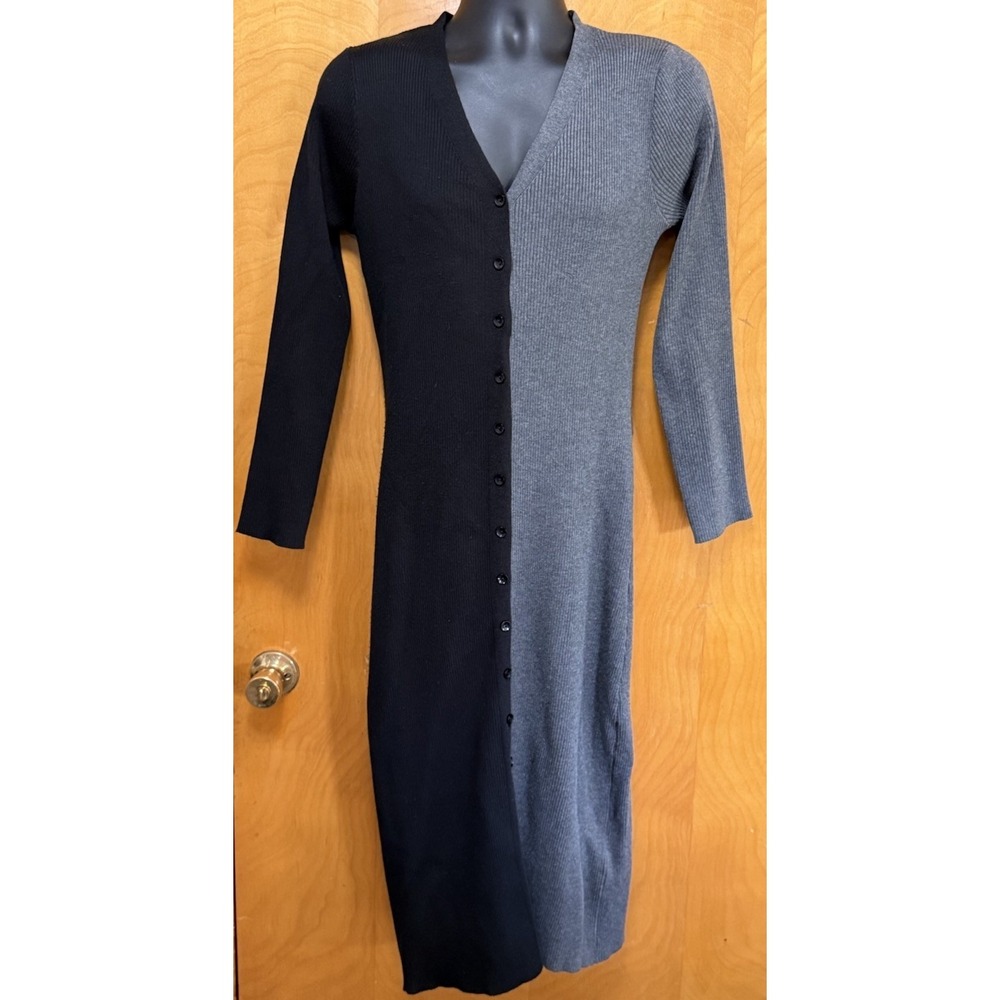 Nanette Lepore Two Tone Ribbed Sweater Dress Cardigan Stretchy Black Gray Sz L